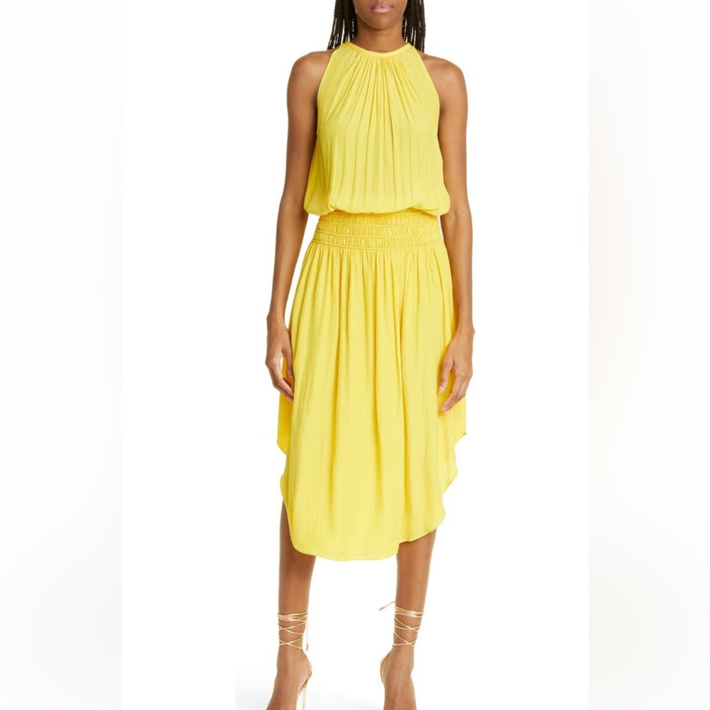 Ramy Brook Audrey Sleeveless Smocked Waist Midi Dress Yellow M